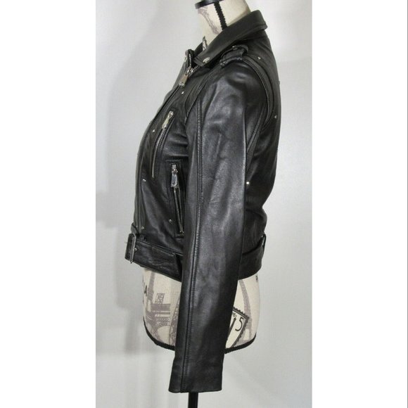 Sam Edelman Starburst Studded Crop Moto Jacket, Black Leather, Women's Size XS - Picture 4 of 8
